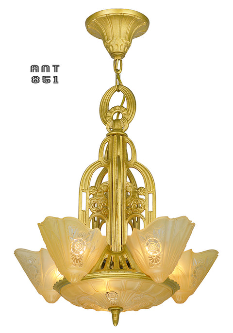 Art Deco 6 Shade Chandelier Slip Shade Ceiling Light by Lightolier
