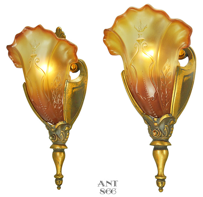 Art Deco Sconces by Mid-West Antique Slip Shade Bronze Wall Lights