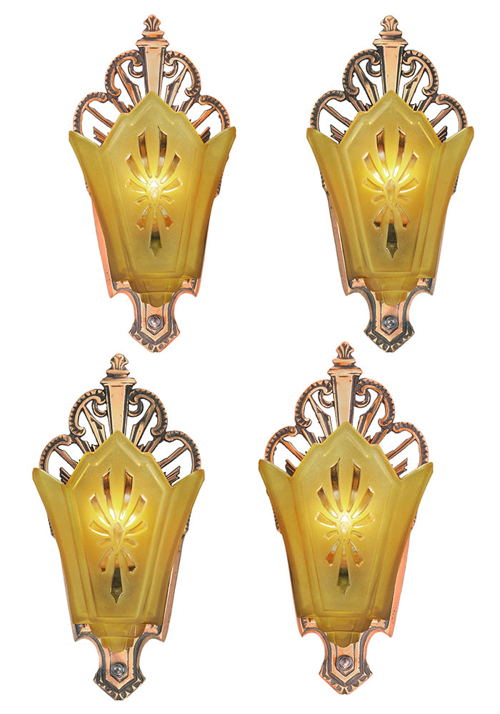 Set of 4 Antique Art Deco Sconces Original Red Bronze Finish Lights