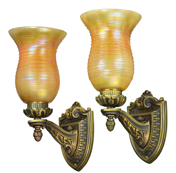 Pair Wall Sconces Antique Edwardian Art Glass Lights Rewired Fixtures