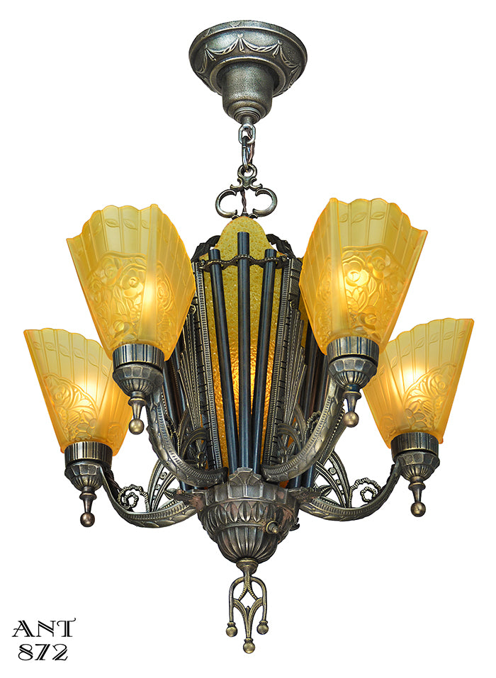 Antique Deco Chandelier 1930s 5-Arm 6-Light Hanging Ceiling Fixture