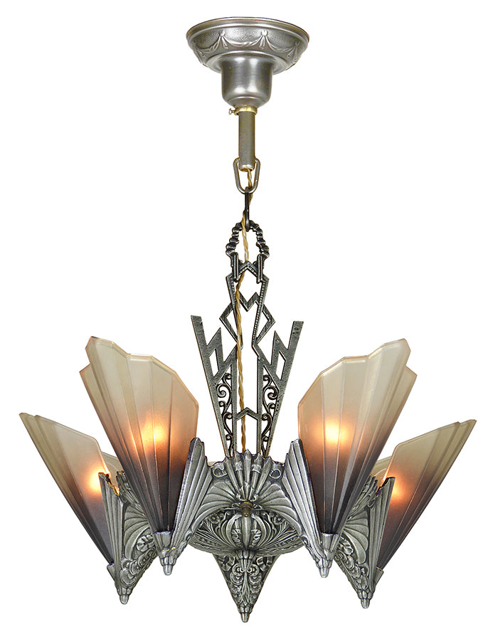 Antique Art Deco 5-Light Chandelier Ca. 1930 Ceiling Fixture Mid West