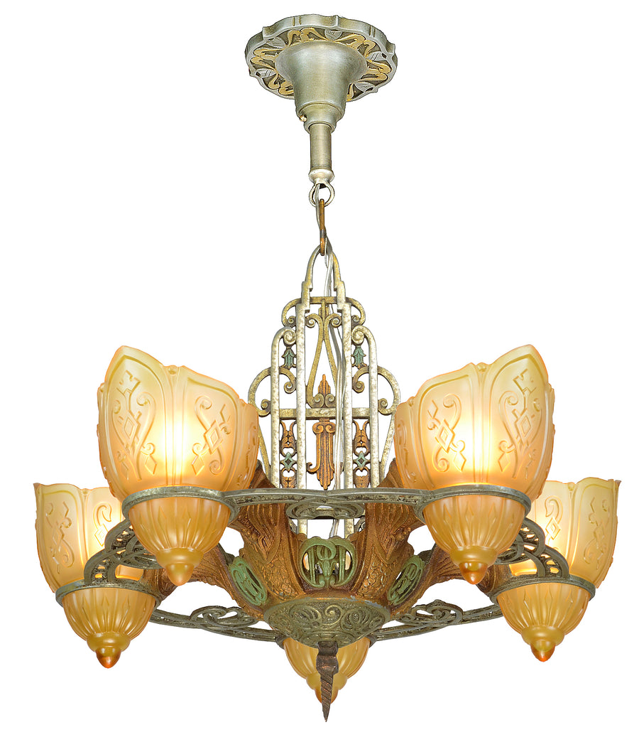 Unusual Five Shade Chandelier Attributed to Riddle C. 1935