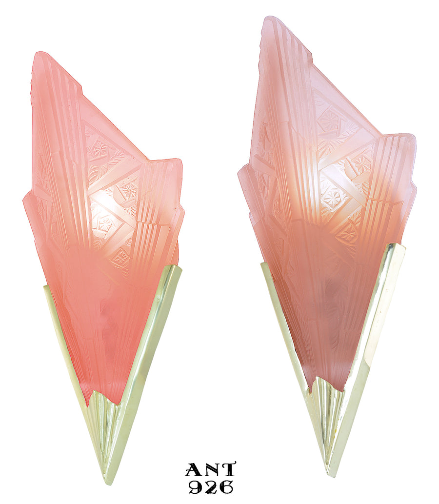 Pair of Nickel Plated Sconces with Pink Antique Vianne Patterned Art Deco Slip Shades