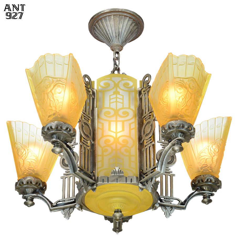 Art Deco Slip Shade Chandelier with Etched Glass Center Panels