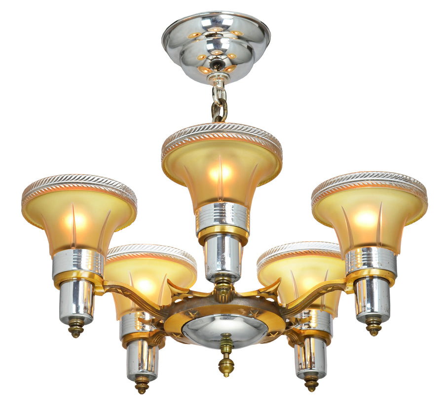 Art Deco Streamline 5 Light Chandelier Attributed to Mid-West Mnf