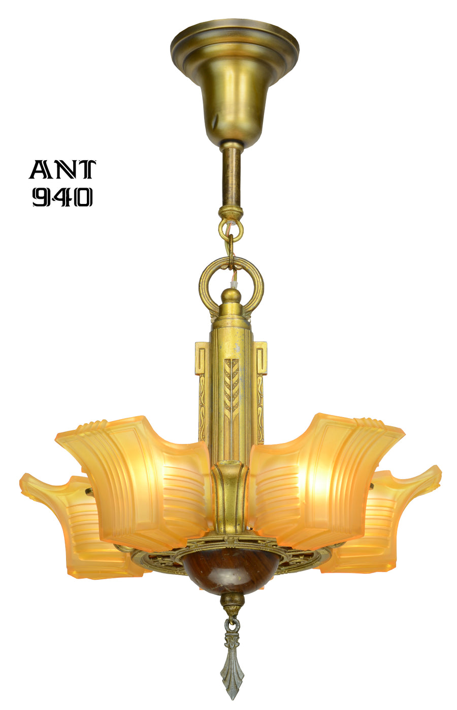 Unusual 5 Slip Shade Art Deco Chandelier by Globe