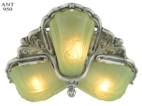 Art Deco Pewter Finished 3 Shade Low Ceiling Light by Globe C 1930