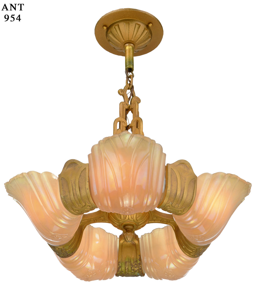 Art Deco 5 Shade Wide-Slip-Shade Chandelier by Markel