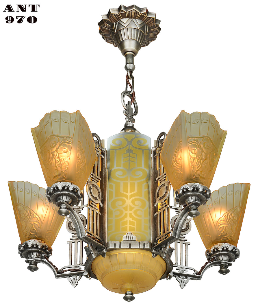 Art Deco Slip Shade Chandelier with Amber Etched Glass Center Panels