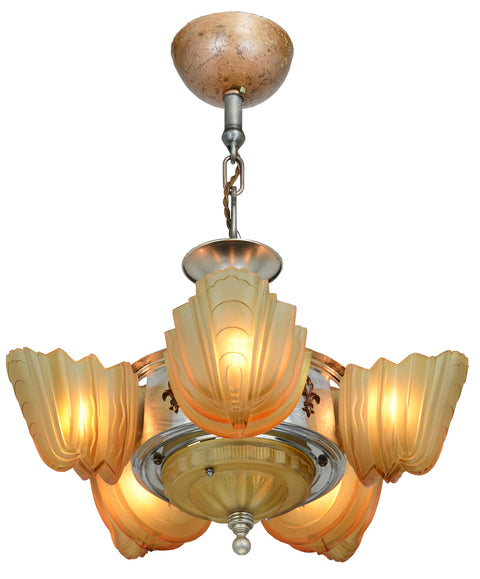 Very Collectible Art Deco Slip Shade 6 Shade Chandelier by Halcolite