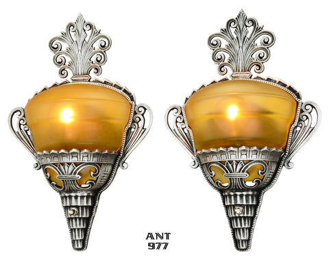Unusual Pair of Art Deco Slip Shade Sconces with Amber Shades