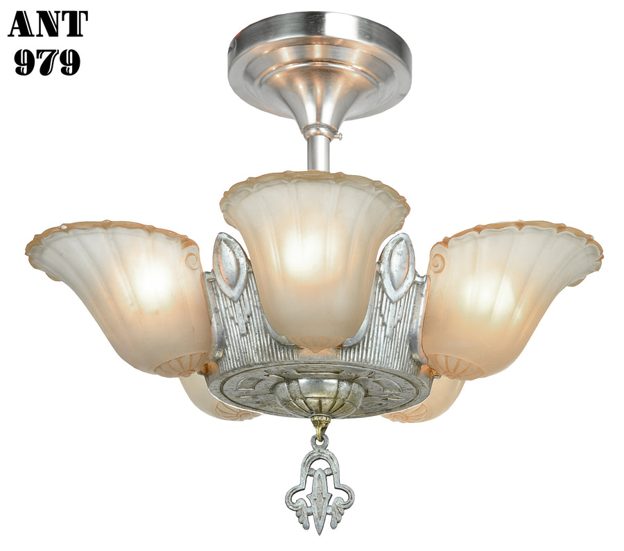 Art Deco 5 Slip Shade Chandelier...Circa 1935