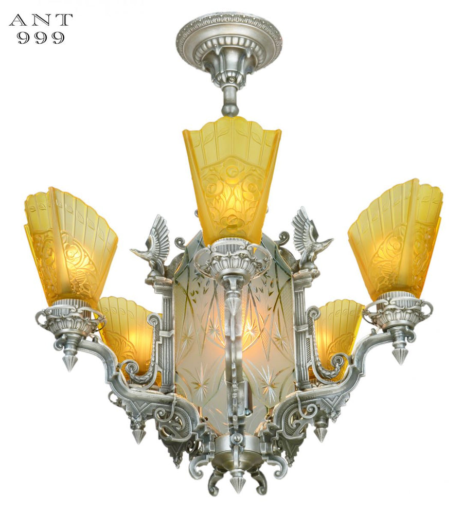 Fantastic Eagle Motif Art Deco Slip Shade Chandelier with Cut Glass Center Panels