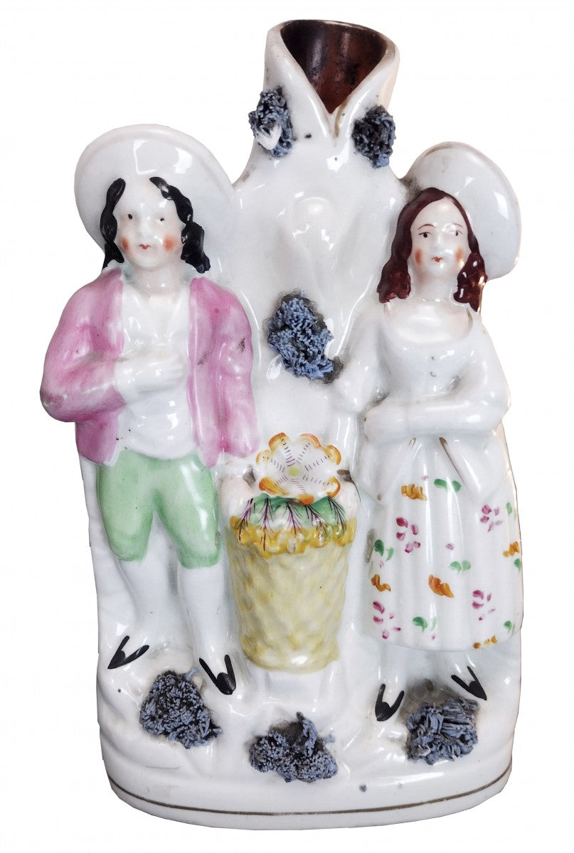 Lady and Gentleman with Basket Vase Antique Staffordshire Figure