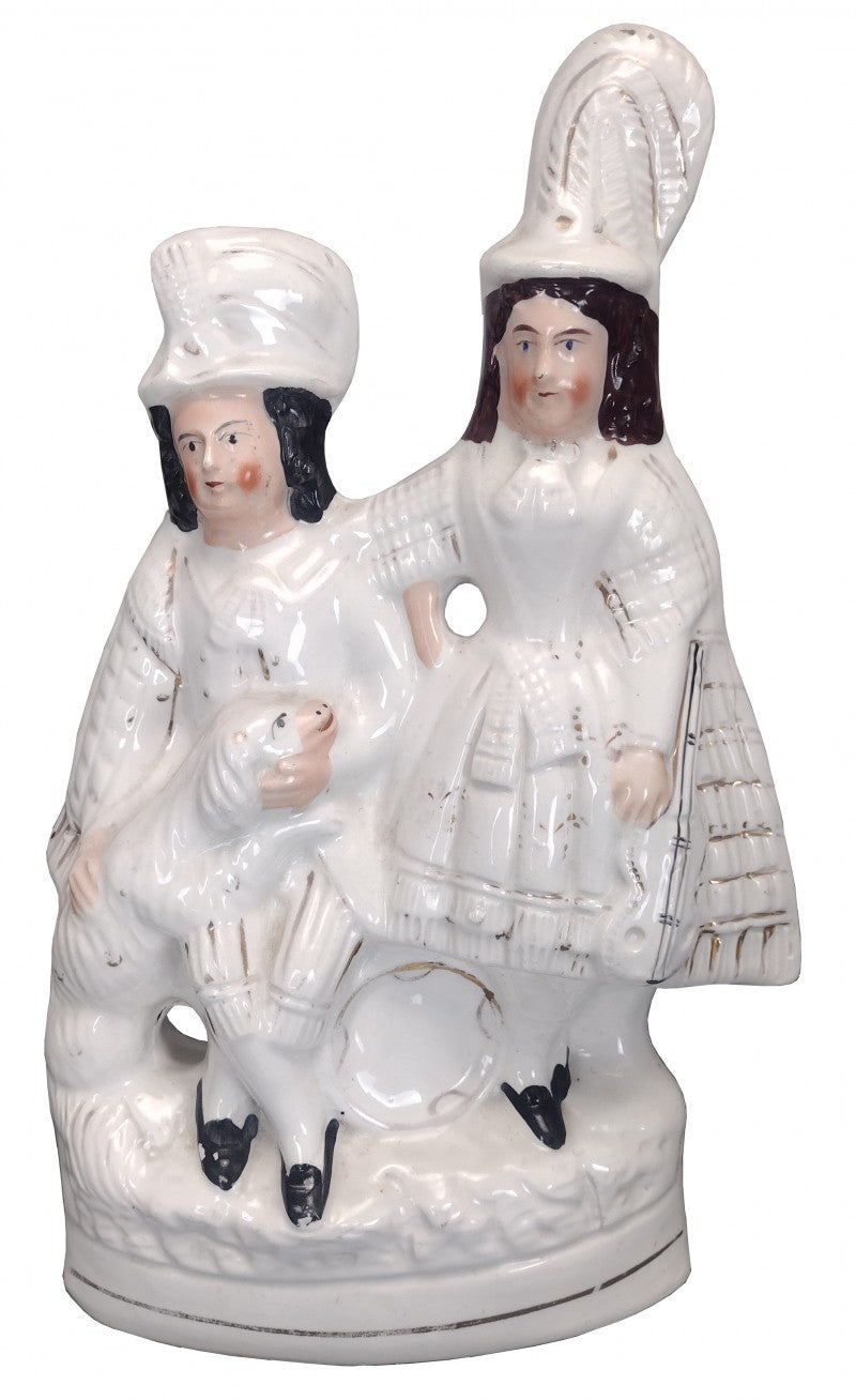 Young Lady and Gentleman with Dog and Drum Antique Staffordshire Figure