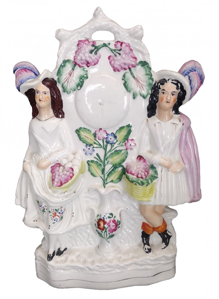 Young Lady and Gentleman with Baskets for Grape Harvest and Clock Antique Staffordshire Figure