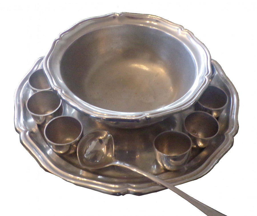 Antique Silver Punch Bowl Ladle Tray Cups