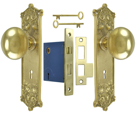 Victorian Scroll Pattern Door Plate Set with Locking Keyed Mortise