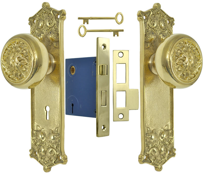 Victorian Scroll Pattern Door Plate Set with Fancy Scroll Design Doorknobs and Locking Keyed Mortise
