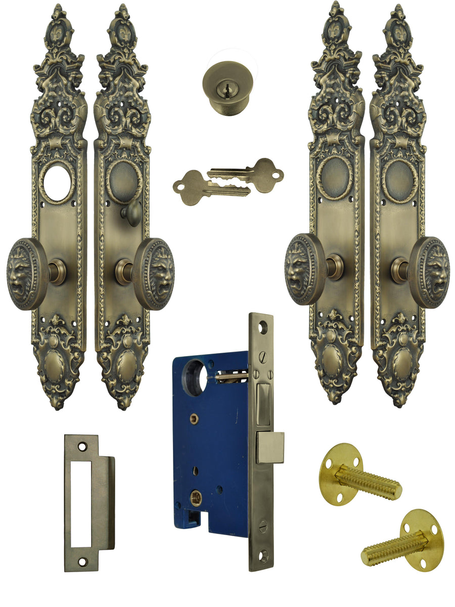 Victorian Heraldic Double Door Entry Set with Pavia Lion Knob