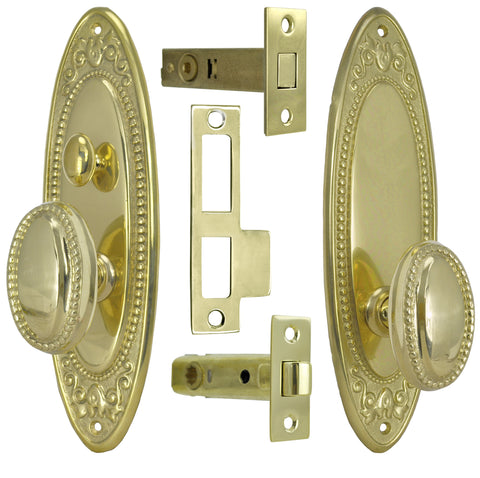 Victorian Acanthus Beaded Edge Door Plate Tubular Passage Set with Locking Turnlatch