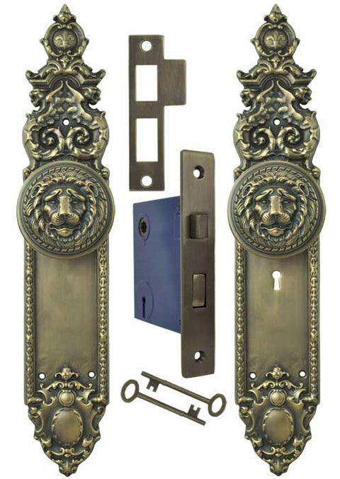 Victorian Heraldic Door Plate and Large Lion Knob Set with Locking Keyed Mortise