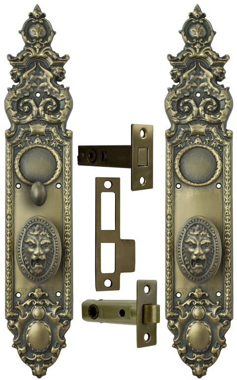 Victorian Heraldic Door Plate with Pavia Lion Knob Set and Locking Turnlatch