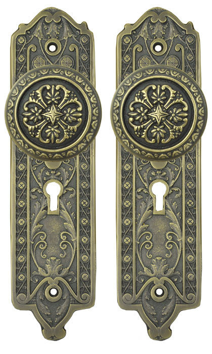 Victorian Gothic Door Plate Set with Skeleton Keyed Mortise Lock