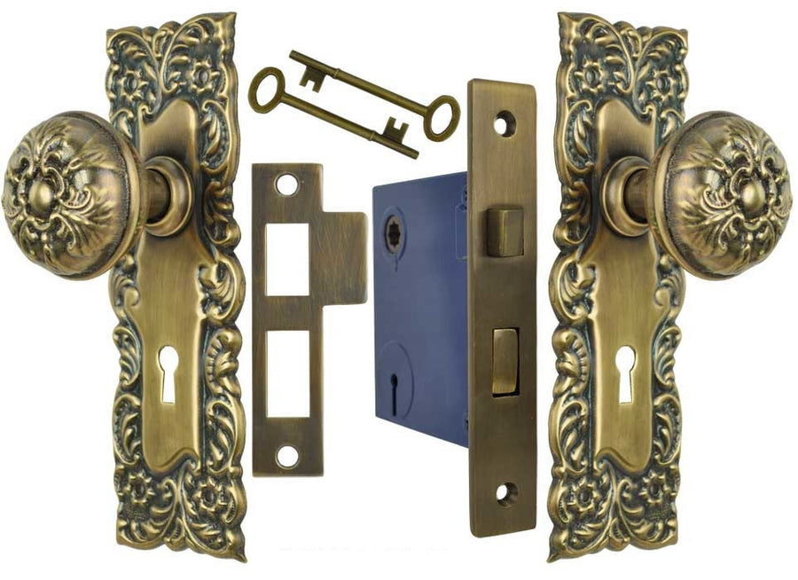 Victorian Door Plate Set with Feather Design Doorknobs and Locking Keyed Mortise