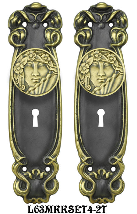 Art Nouveau Door Plate Set with Locking Keyed Mortise