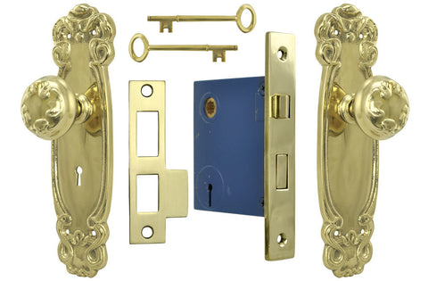 Art Nouveau Door Plate Set with Locking Keyed Mortise