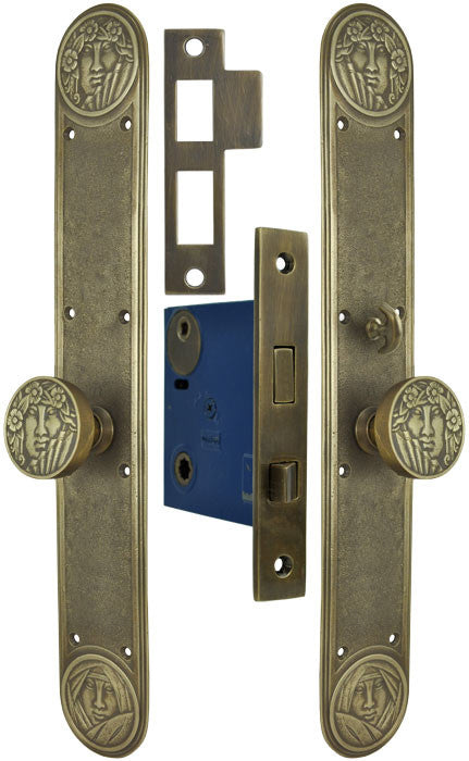 Art Nouveau Style Lady Face Door Set with Locking Turnlatch Mortise