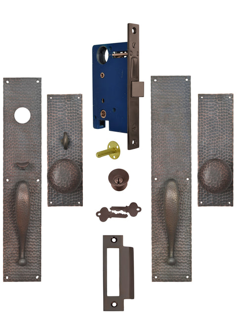 Arts & Crafts Entry Thumblatch to Knob Hammered Double Door Set