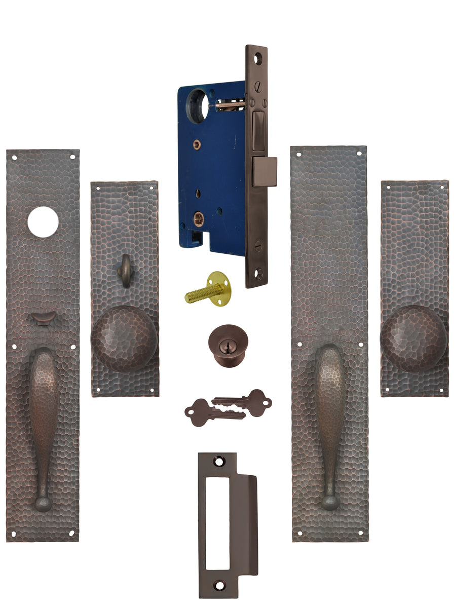 Arts & Crafts Entry Thumblatch to Knob Hammered Double Door Set