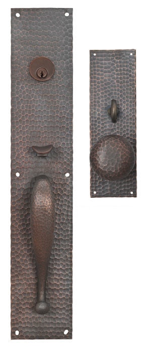 Arts & Crafts Entry Thumblatch to Knob Hammered Door Plate Set