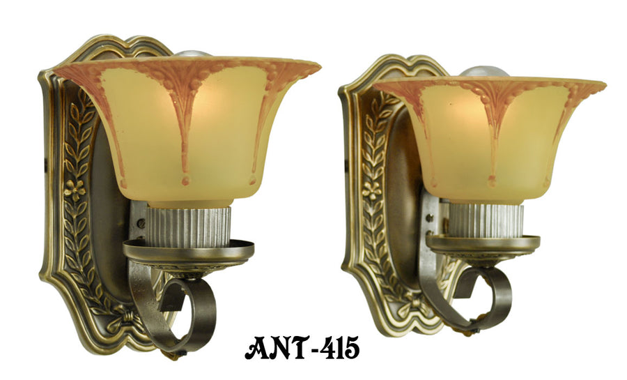 Art Deco Wall Sconces Circa 1920 Pair of Antique Brass Light Fixtures